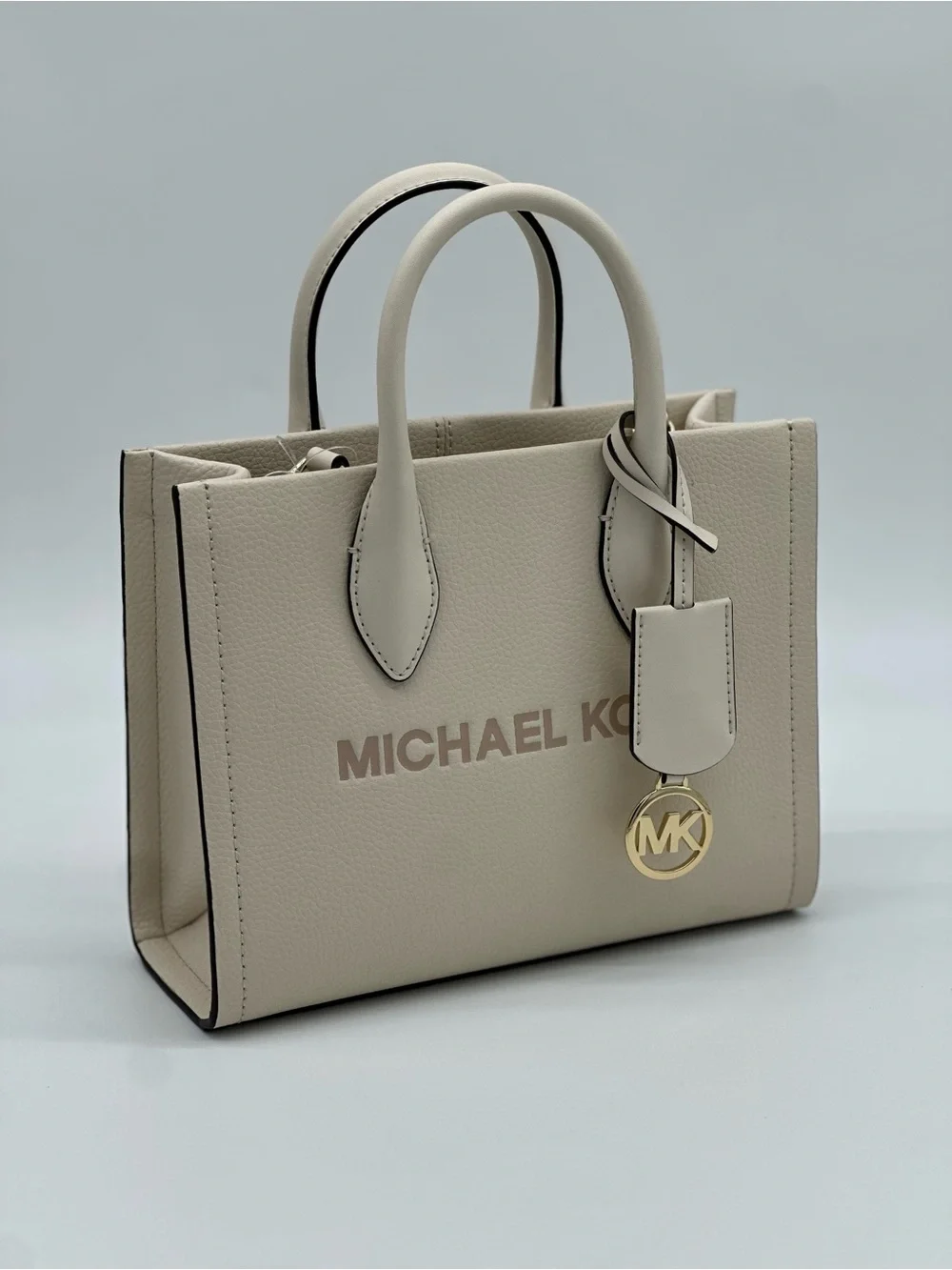 Michael Kors Cream Pebbled Leather Satchel with Logo Strap